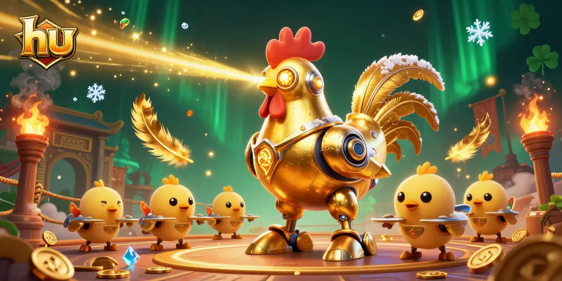 Engage in thrilling casino action with hu's golden rooster robot and baby chicks shooting for jackpot.