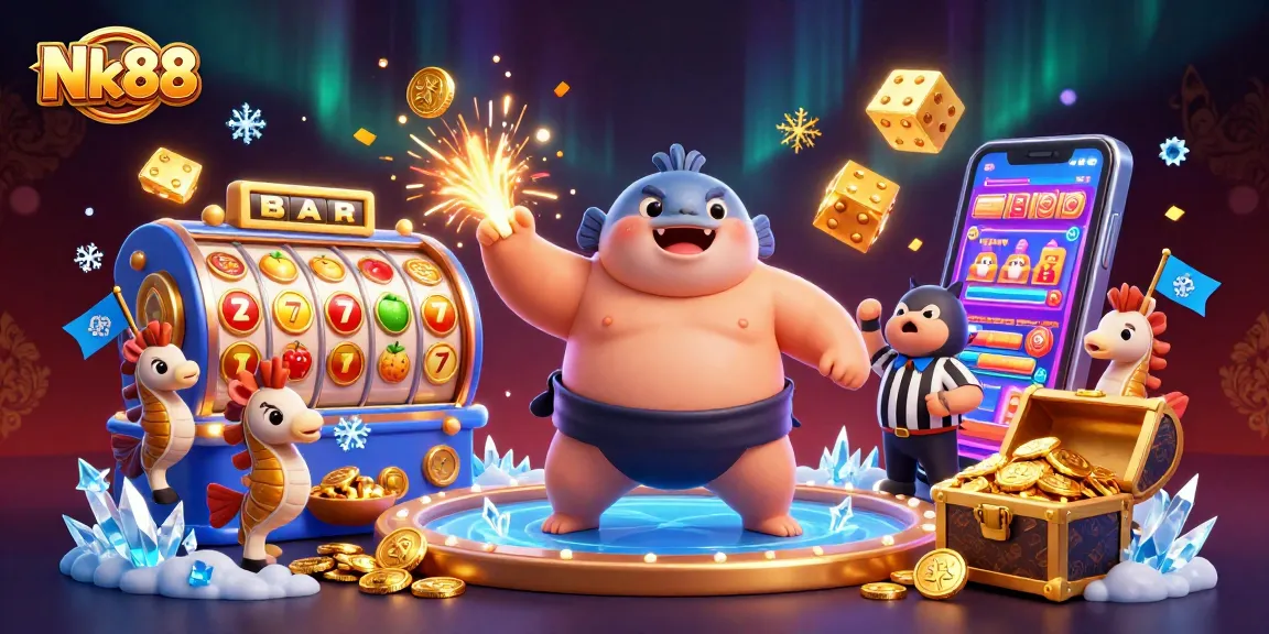 Play engaging Nk88 slot games with a colorful casino scene featuring dynamic characters and rich graphics.