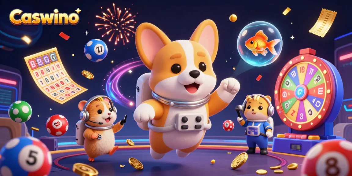 Caswino casino illustration with a floating corgi, poker chips, and vibrant casino elements