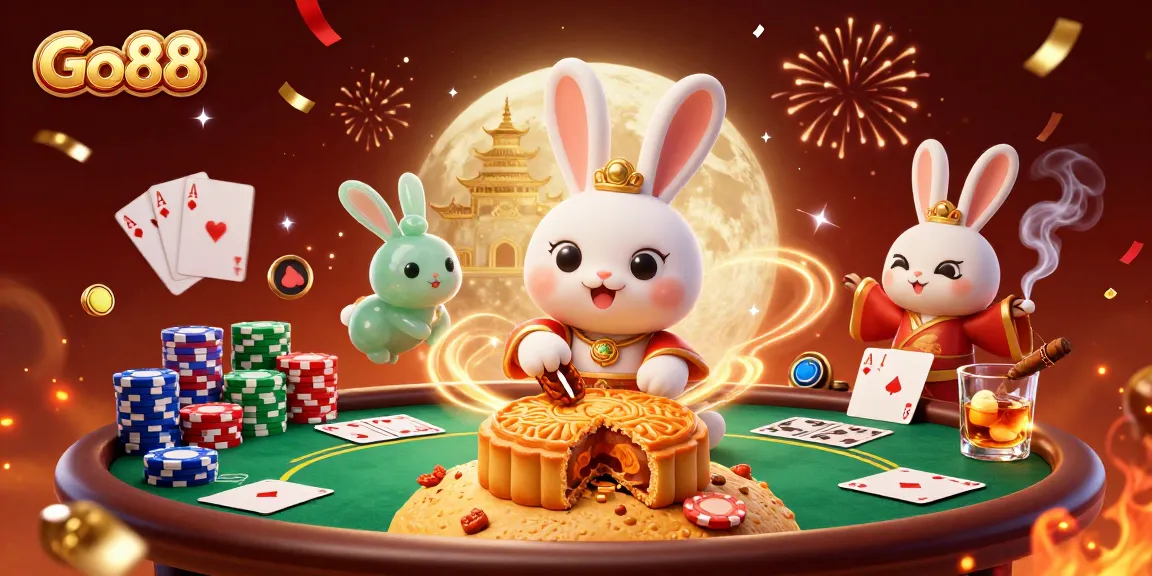 Engage with Go88 in an exciting 3D casino scene featuring vibrant poker action and festive celebrations.