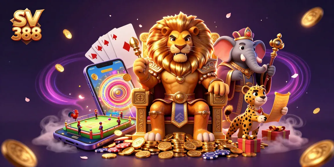 SV 388 showcases a vibrant cockfighting scene with dynamic characters amidst gold coins and gaming elements.