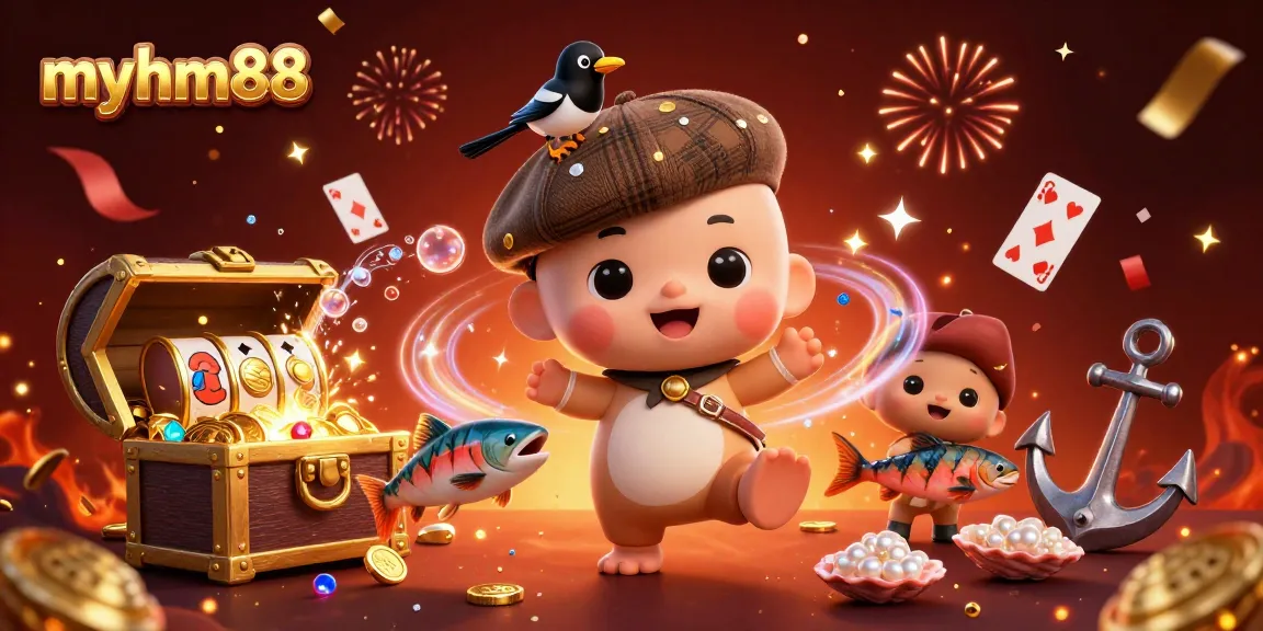 Engage in thrilling gameplay at myhm88 with vibrant characters surrounded by slot reels and treasure chests.