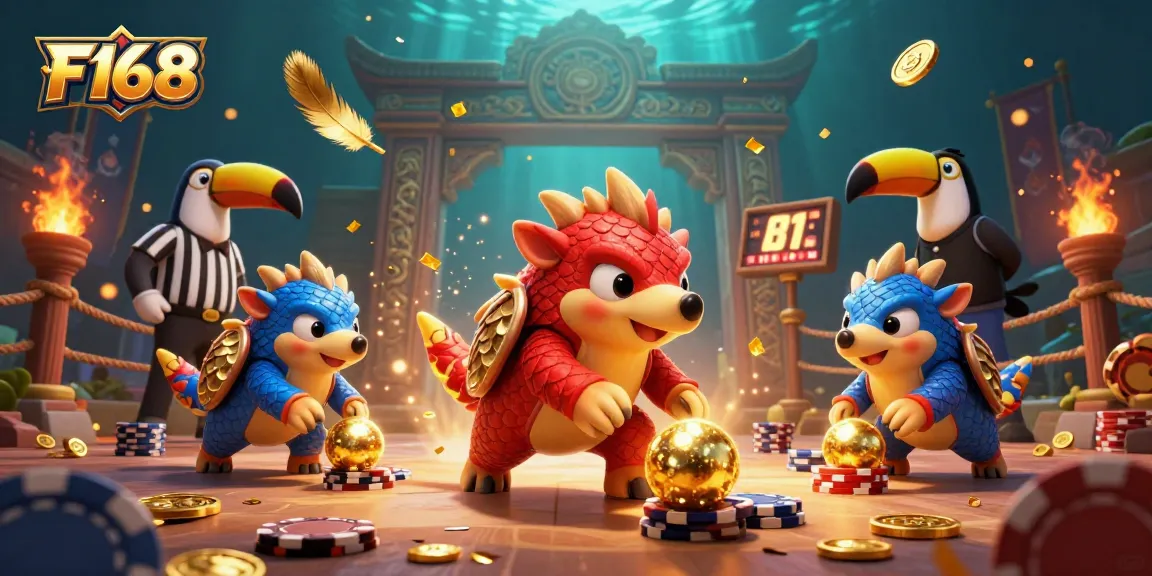 F168 rivals roll golden balls through poker chips in a vibrant 3D gambling showdown.