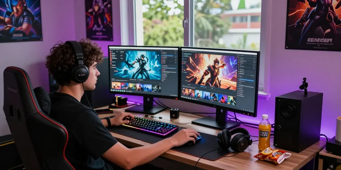 Dynamic gaming setup showcasing a link slot enthusiast's dual monitors, RGB keyboard, and ambient lighting.